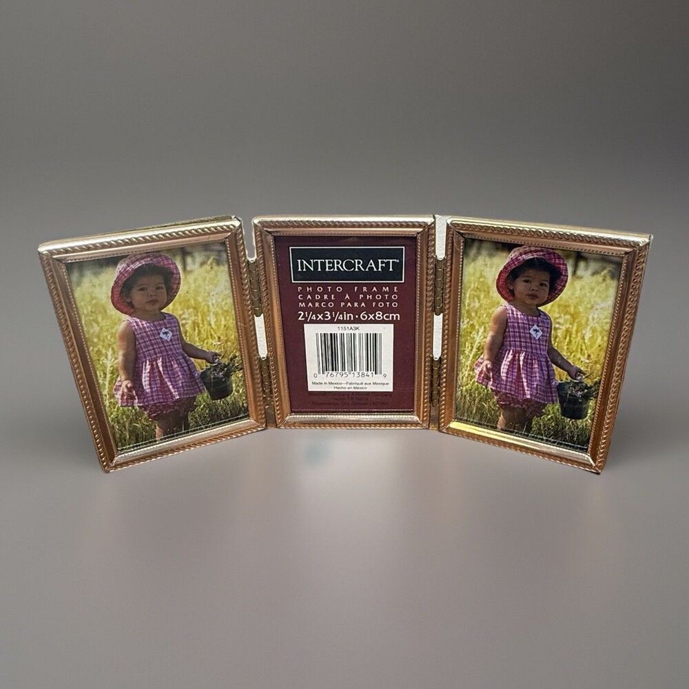 Vintage Trifold Picture Frame Embossed Gold Tone Metal Double Hinged 2.5 X 3.5